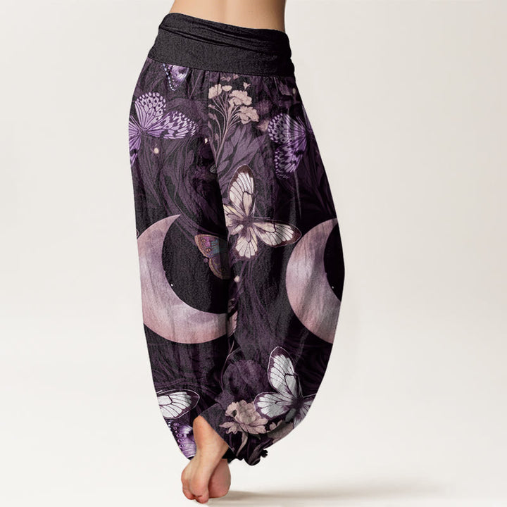 Buddha Stones Cotton Butterfly Flowers Crescent Moon Pattern Design Women's Elastic Waist Harem Pants - image 8
