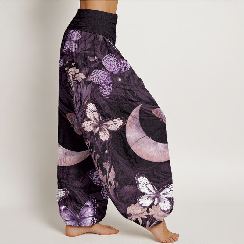 Buddha Stones Butterfly Flowers Crescent Moon Pattern Design Women's Elastic Waist Harem Pants - image 9