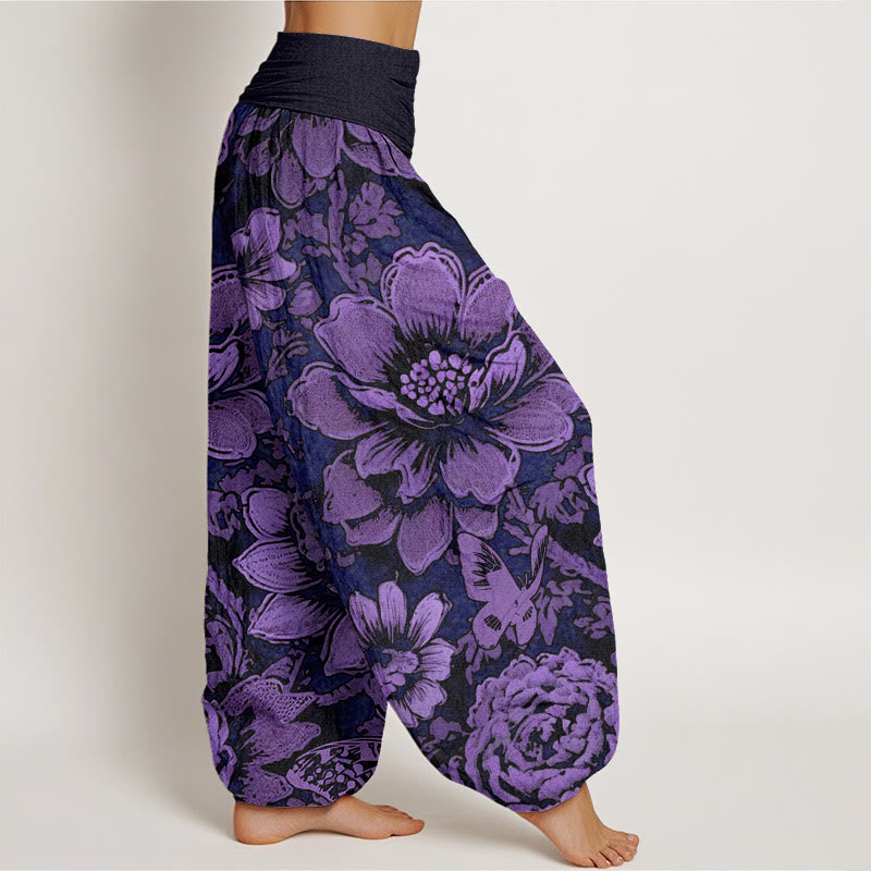 Buddha Stones Peony Flowers Butterfly Pattern Design Women's Elastic Waist Harem Pants - image 2