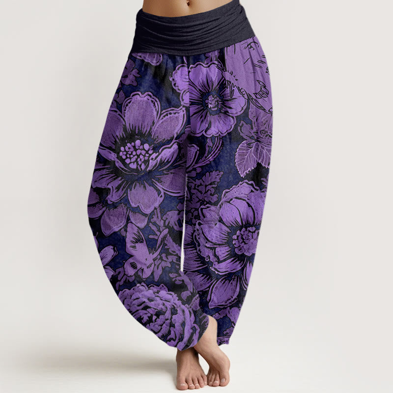 Buddha Stones Peony Flowers Butterfly Pattern Design Women's Elastic Waist Harem Pants - Purple - US22，UK/AU26，EU54 (6XL) - image 0
