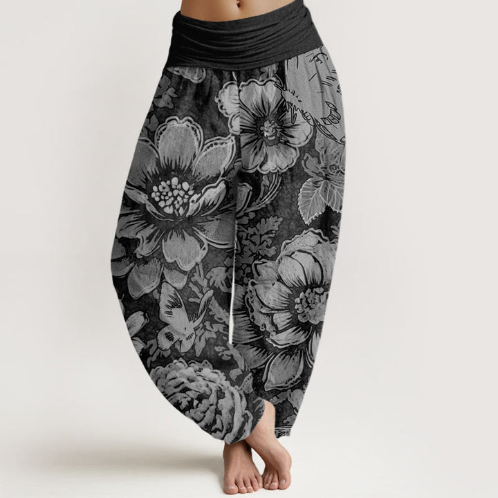Buddha Stones Peony Flowers Butterfly Pattern Design Women's Elastic Waist Harem Pants - Black - US22，UK/AU26，EU54 (6XL) - image 4