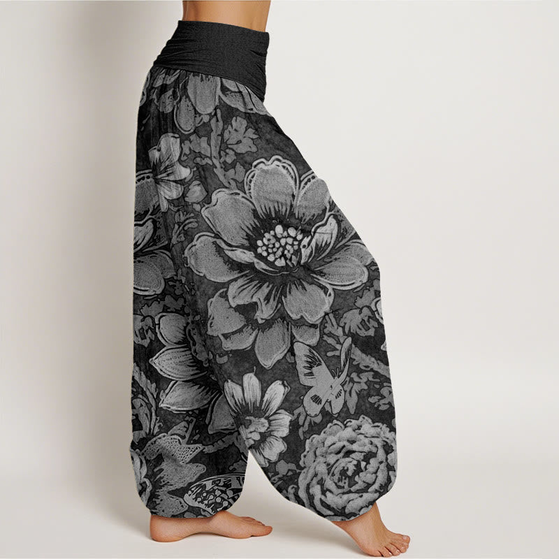 Buddha Stones Cotton Peony Flowers Butterfly Pattern Design Women's Elastic Waist Harem Pants - image 6