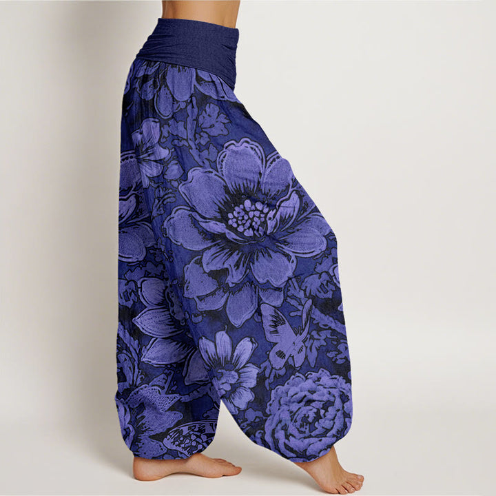 Buddha Stones Cotton Peony Flowers Butterfly Pattern Design Women's Elastic Waist Harem Pants - image 9