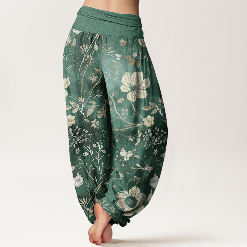 Buddha Stones Cotton White Flowers Winding Vines Pattern Design Women's Elastic Waist Harem Pants - image 1