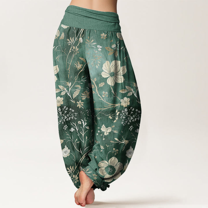Buddha Stones White Flowers Winding Vines Pattern Design Women's Elastic Waist Harem Pants - image 1