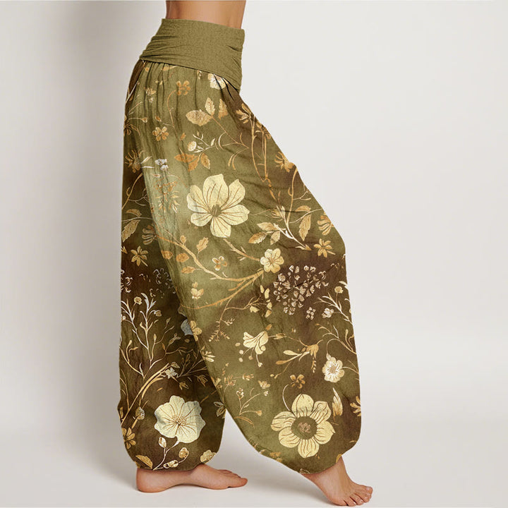 Buddha Stones White Flowers Winding Vines Pattern Design Women's Elastic Waist Harem Pants - image 6