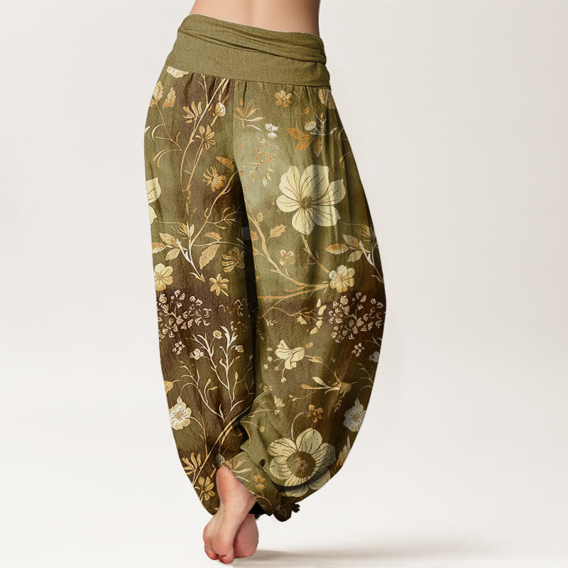 Buddha Stones Cotton White Flowers Winding Vines Pattern Design Women's Elastic Waist Harem Pants - image 5