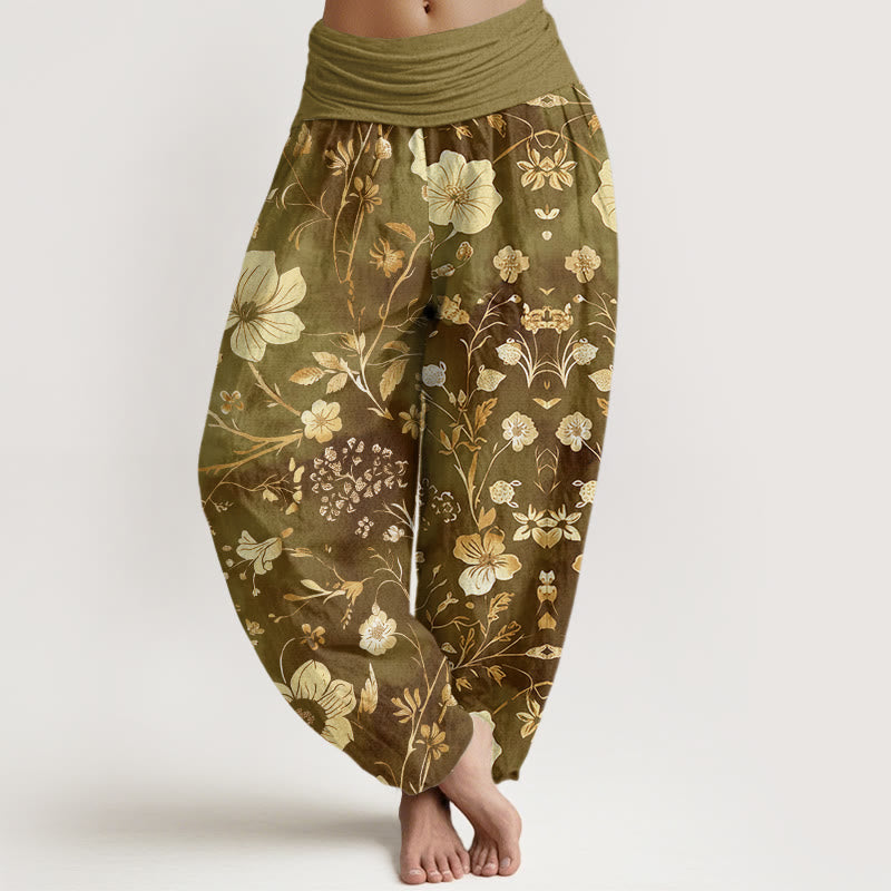 Buddha Stones Cotton White Flowers Winding Vines Pattern Design Women's Elastic Waist Harem Pants - DarkKhaki - US22，UK/AU26，EU54 (6XL) - image 4