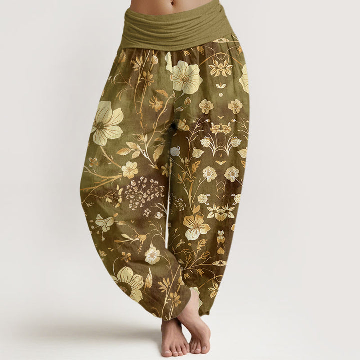 Buddha Stones White Flowers Winding Vines Pattern Design Women's Elastic Waist Harem Pants - DarkKhaki - US22，UK/AU26，EU54 (6XL) - image 4