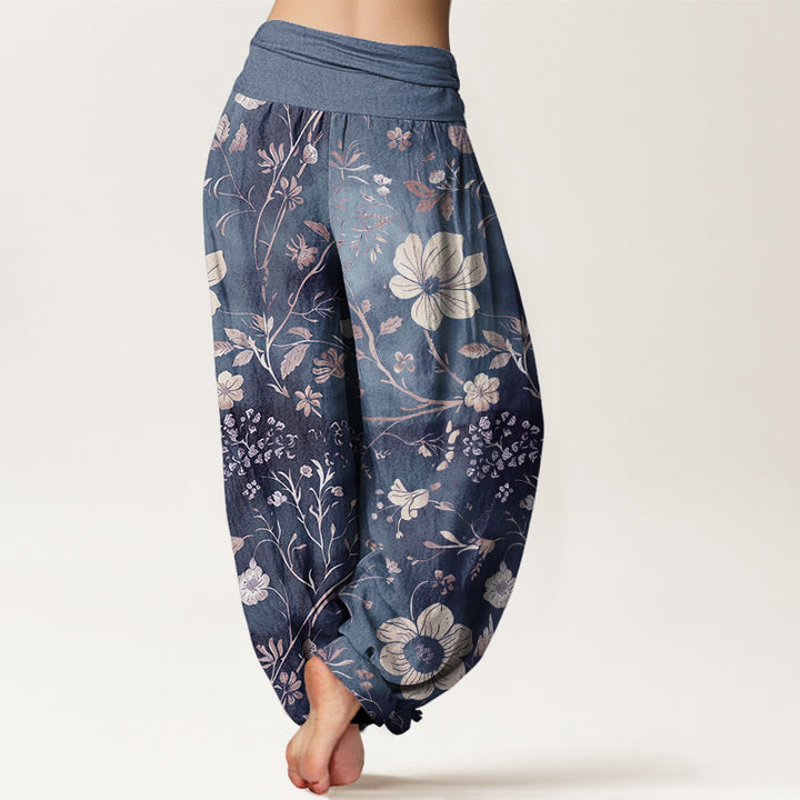 Buddha Stones Cotton White Flowers Winding Vines Pattern Design Women's Elastic Waist Harem Pants - image 8