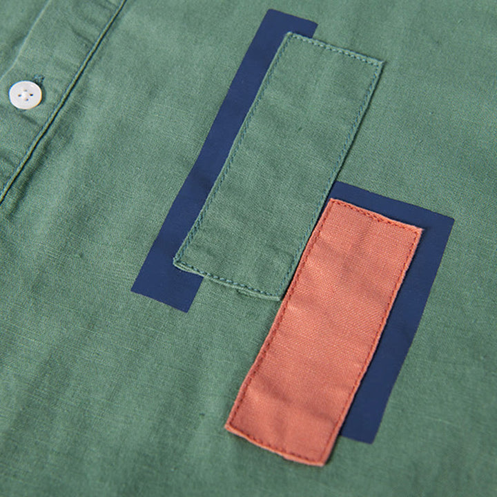 Buddha Stones Daily Plain Patch Color Matching Design Men's Short Sleeve Cotton Linen Shirt - image 6