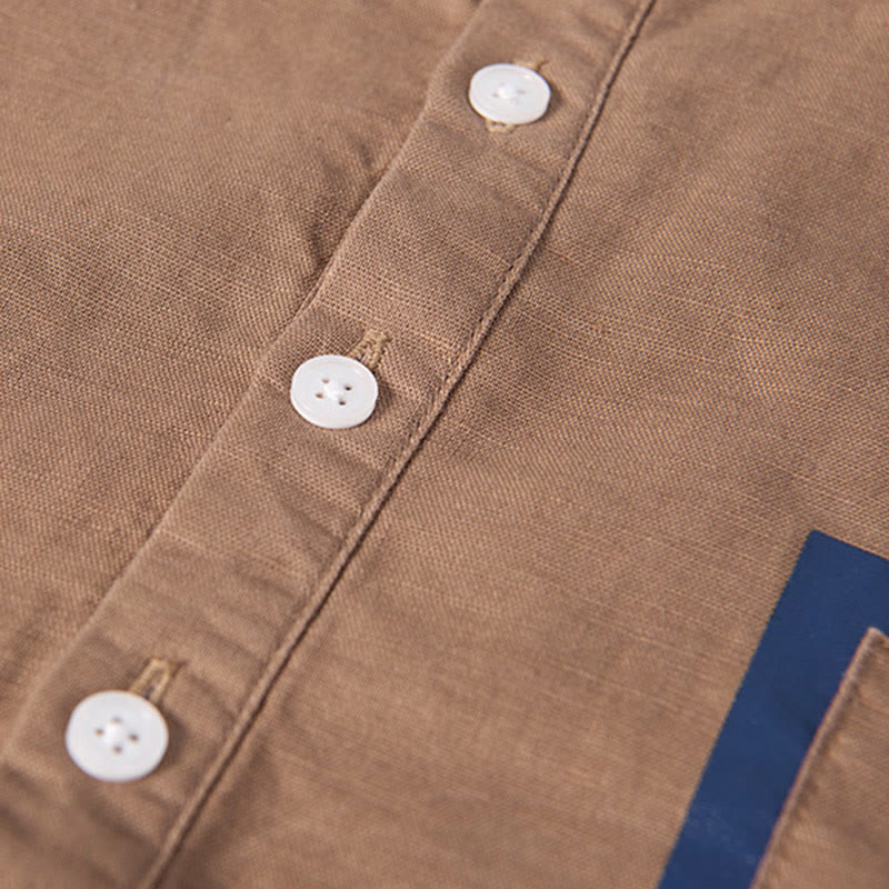 Buddha Stones Daily Plain Patch Color Matching Design Men's Short Sleeve Cotton Linen Shirt - image 13