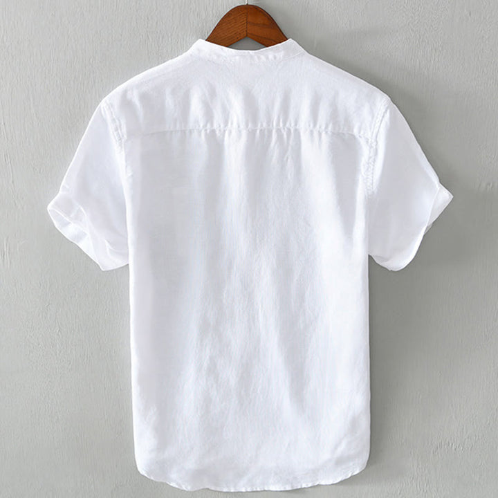 Buddha Stones Daily Plain Patch Color Matching Design Men's Short Sleeve Cotton Linen Shirt - image 2