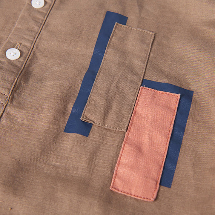 Buddha Stones Daily Plain Patch Color Matching Design Men's Short Sleeve Cotton Linen Shirt - image 12