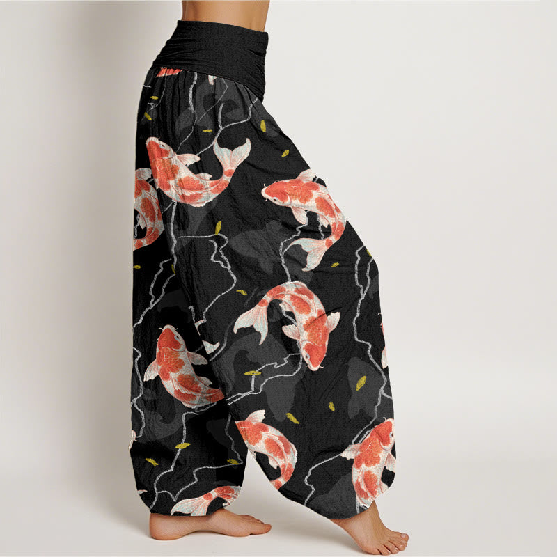 Buddha Stones Cotton Red White Koi Fish Pattern Design Women's Elastic Waist Harem Pants - image 9