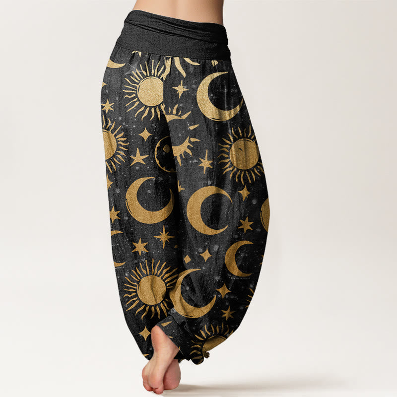 Buddha Stones Cotton Crescent Moon Sun Stars Pattern Design Women's Elastic Waist Harem Pants - image 1