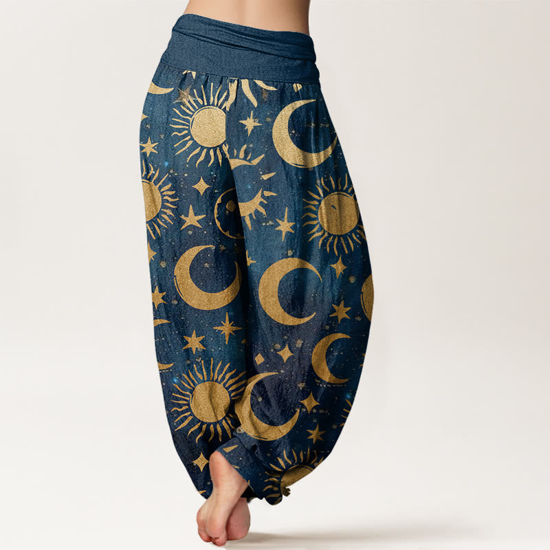 Buddha Stones Cotton Crescent Moon Sun Stars Pattern Design Women's Elastic Waist Harem Pants - image 8