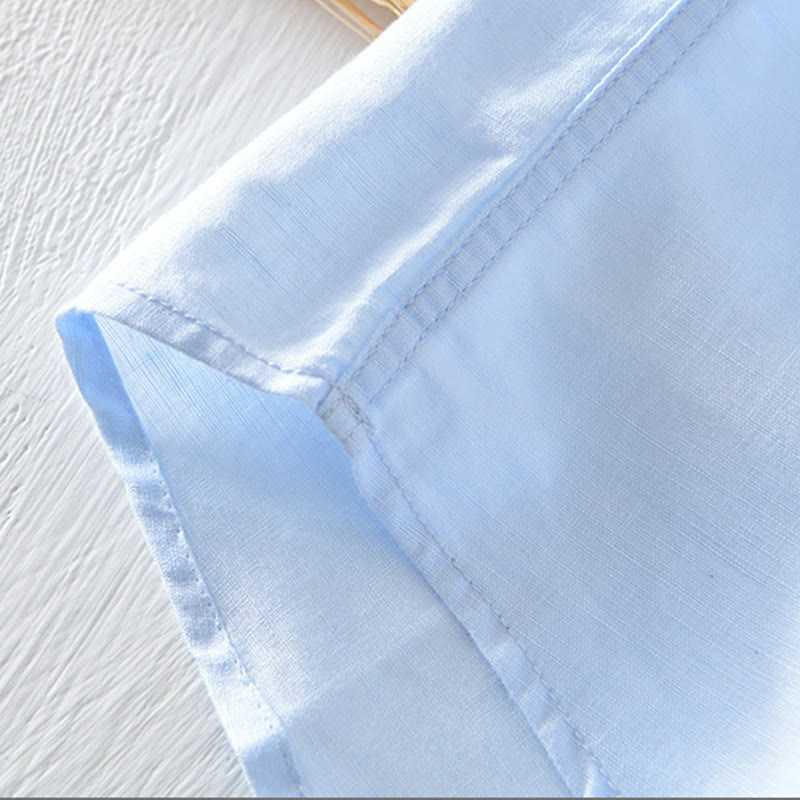 Buddha Stones Solid Color Half Button Design Stand Collar Men's Short Sleeve Cotton Linen Shirt - image 20