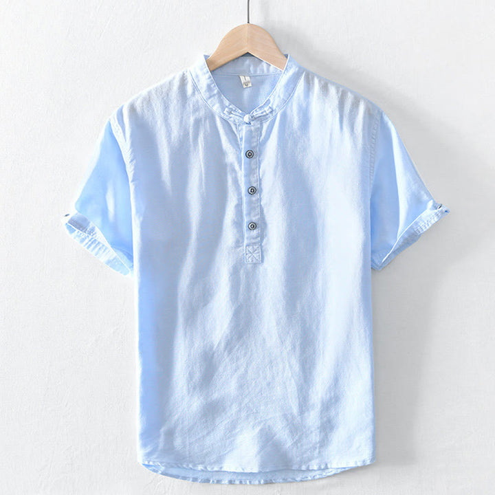 Buddha Stones Solid Color Half Button Design Stand Collar Men's Short Sleeve Cotton Linen Shirt - LightCyan - US/UK/AU46，EU56 (5XL) - image 18