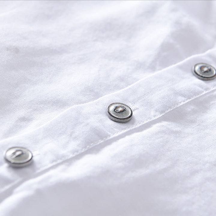 Buddha Stones Solid Color Half Button Design Stand Collar Men's Short Sleeve Cotton Linen Shirt - image 8