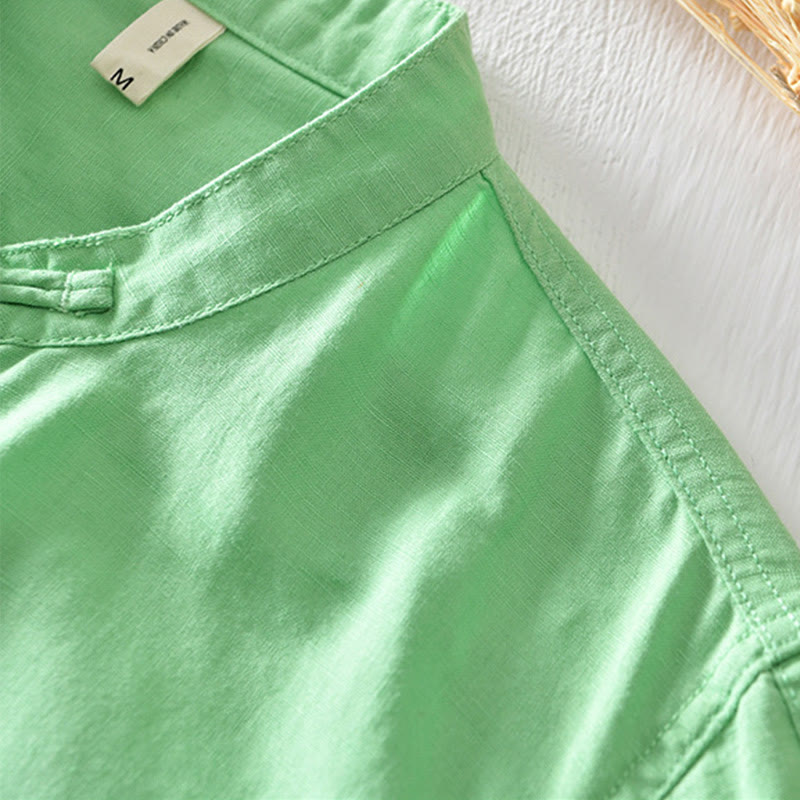 Buddha Stones Solid Color Half Button Design Stand Collar Men's Short Sleeve Cotton Linen Shirt - image 17