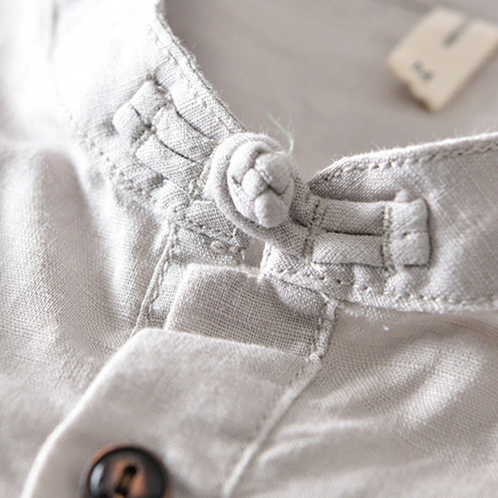 Buddha Stones Solid Color Half Button Design Stand Collar Men's Short Sleeve Cotton Linen Shirt - image 4