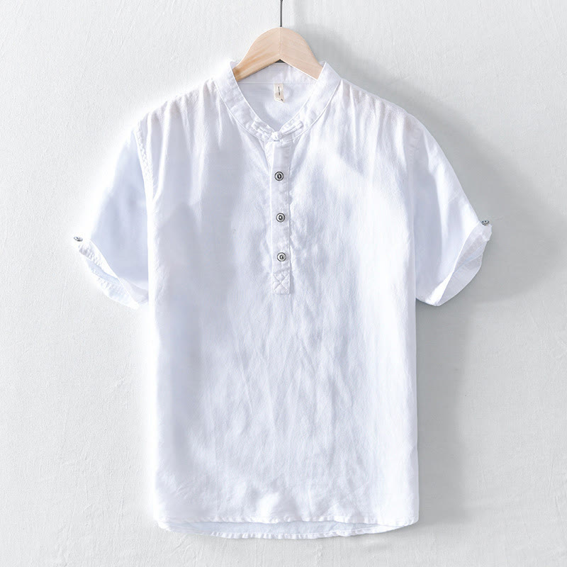 Buddha Stones Solid Color Half Button Design Stand Collar Men's Short Sleeve Cotton Linen Shirt - White - US/UK/AU46，EU56 (5XL) - image 5