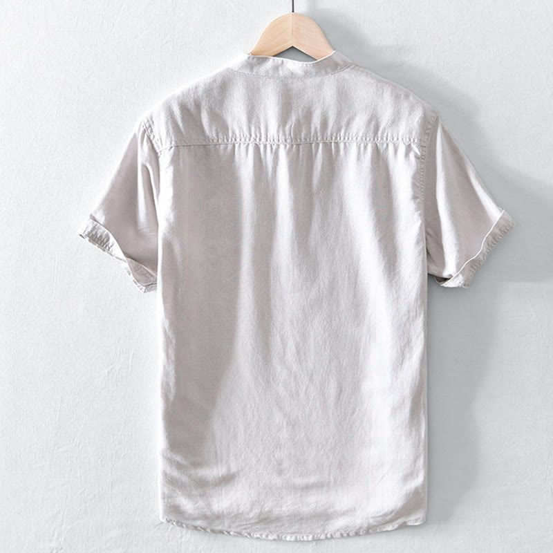 Buddha Stones Solid Color Half Button Design Stand Collar Men's Short Sleeve Cotton Linen Shirt - image 1