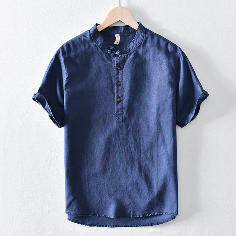 Buddha Stones Solid Color Half Button Design Stand Collar Men's Short Sleeve Cotton Linen Shirt - Navy - US/UK/AU46，EU56 (5XL) - image 10