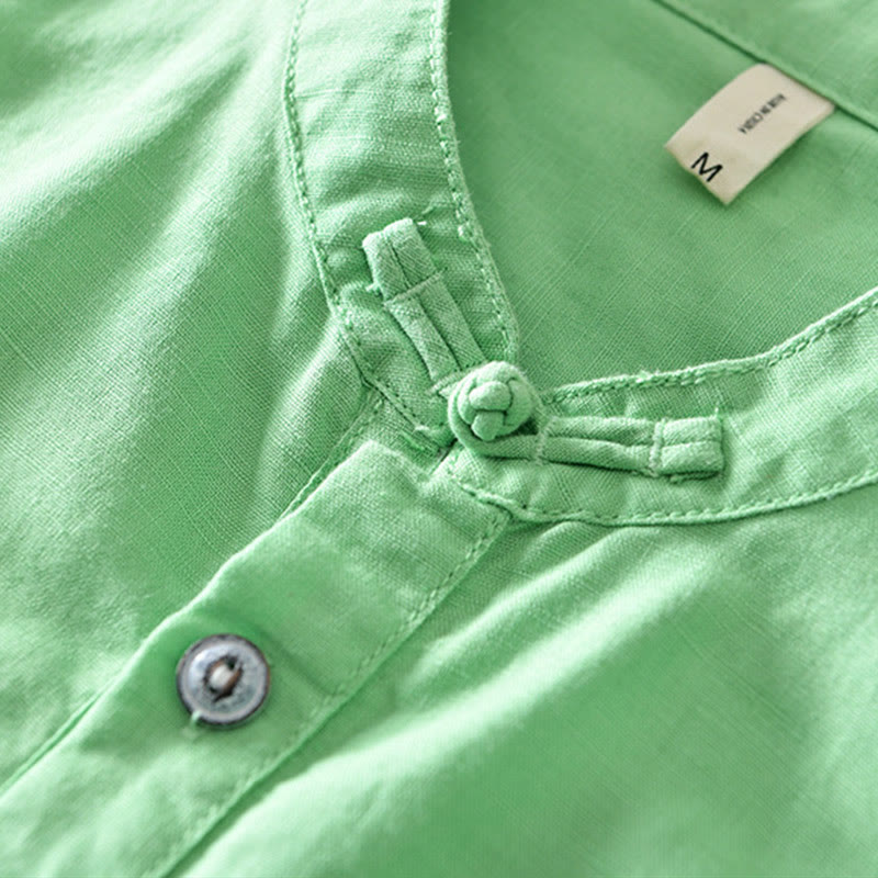 Buddha Stones Solid Color Half Button Design Stand Collar Men's Short Sleeve Cotton Linen Shirt - image 16