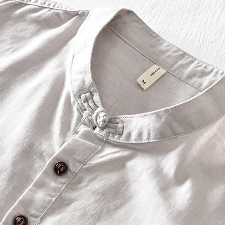 Buddha Stones Solid Color Half Button Design Stand Collar Men's Short Sleeve Cotton Linen Shirt - image 2