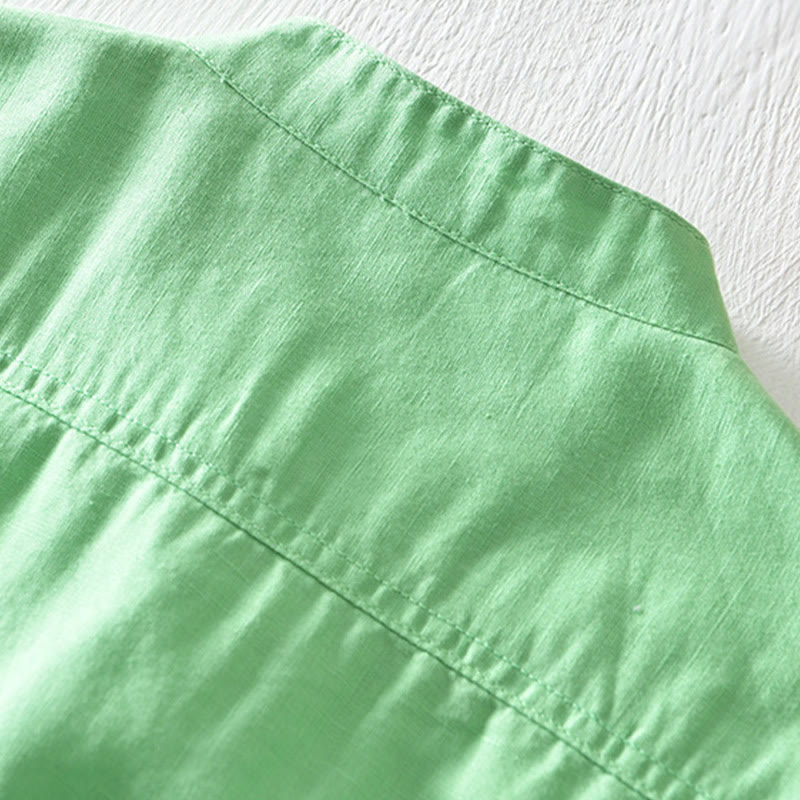 Buddha Stones Solid Color Half Button Design Stand Collar Men's Short Sleeve Cotton Linen Shirt - image 15