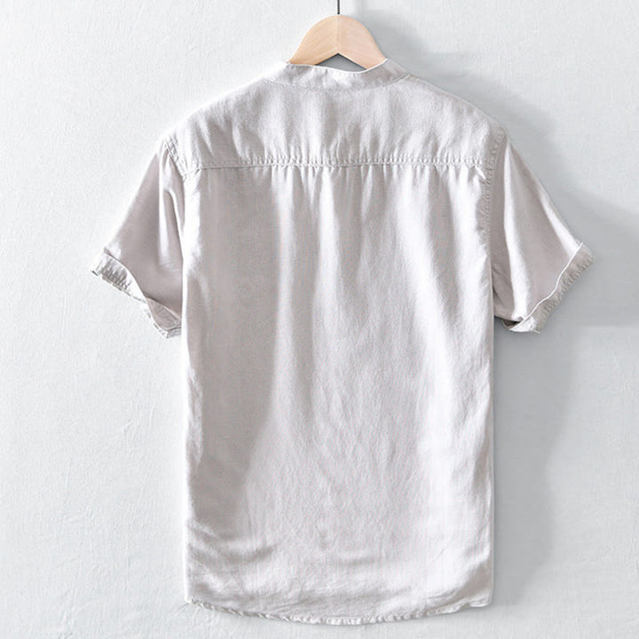 Buddha Stones Solid Color Half Button Design Stand Collar Men's Short Sleeve Cotton Linen Shirt - image 1