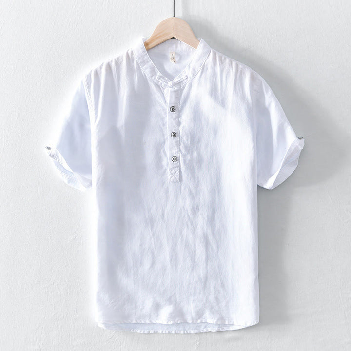 Buddha Stones Solid Color Half Button Design Stand Collar Men's Short Sleeve Cotton Linen Shirt - White - US/UK/AU46，EU56 (5XL) - image 5