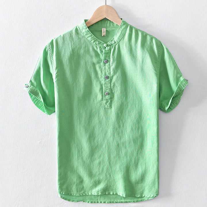 Buddha Stones Solid Color Half Button Design Stand Collar Men's Short Sleeve Cotton Linen Shirt - MediumSpringGreen - US/UK/AU46，EU56 (5XL) - image 13