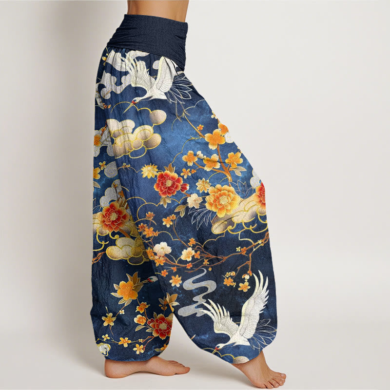 Buddha Stones Auspicious Clouds White Cranes Red Flowers Pattern Design Women's Elastic Waist Harem Pants - image 2