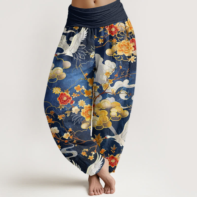 Buddha Stones Cotton Auspicious Clouds White Cranes Red Flowers Pattern Design Women's Elastic Waist Harem Pants - RoyalBlue - US22，UK/AU26，EU54 (6XL) - image 0