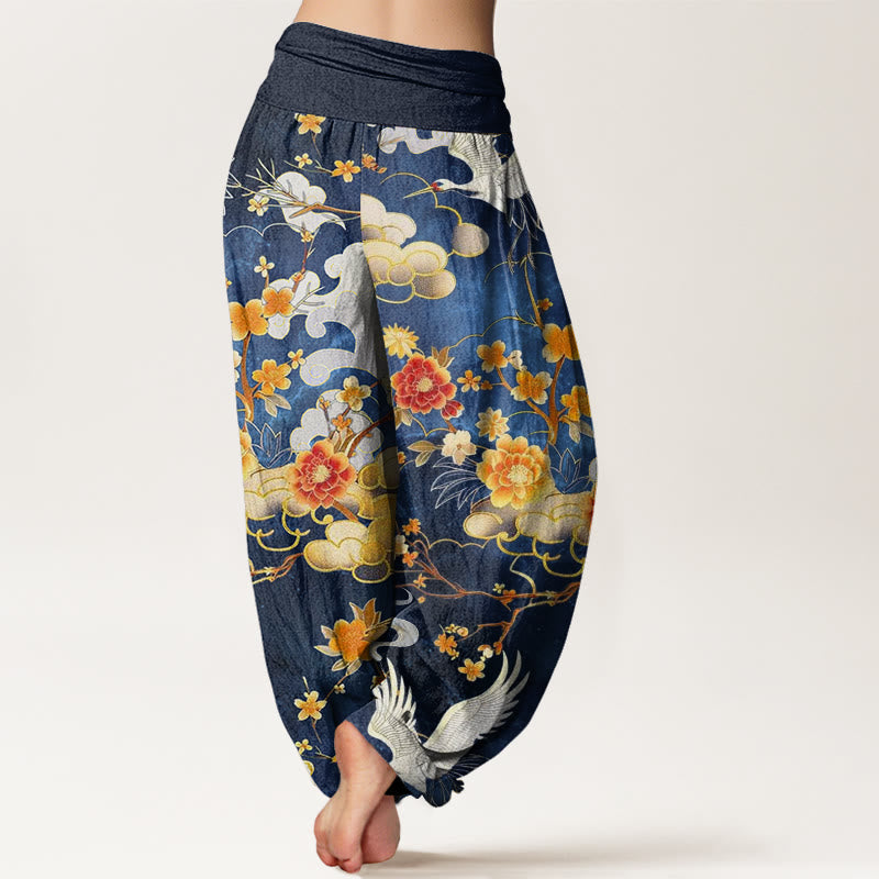 Buddha Stones Auspicious Clouds White Cranes Red Flowers Pattern Design Women's Elastic Waist Harem Pants - image 1