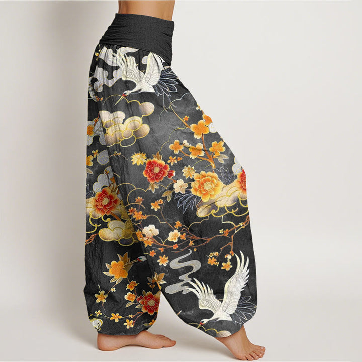 Buddha Stones Auspicious Clouds White Cranes Red Flowers Pattern Design Women's Elastic Waist Harem Pants - image 6