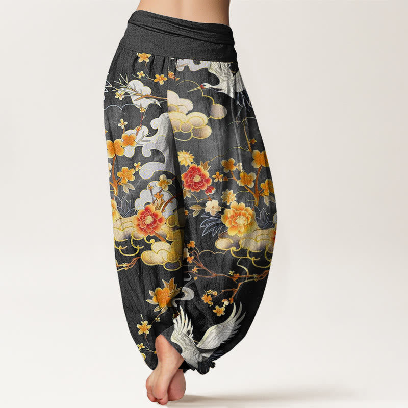 Buddha Stones Auspicious Clouds White Cranes Red Flowers Pattern Design Women's Elastic Waist Harem Pants - image 5