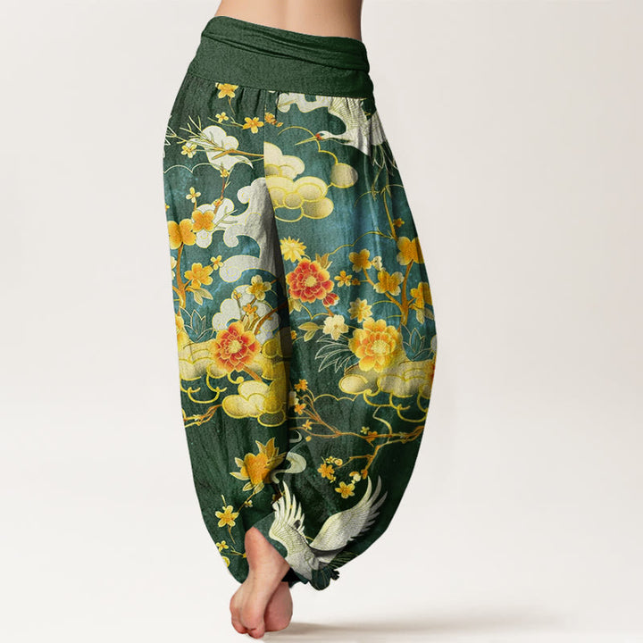 Buddha Stones Auspicious Clouds White Cranes Red Flowers Pattern Design Women's Elastic Waist Harem Pants - image 8