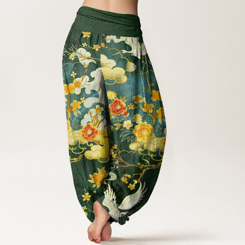 Buddha Stones Cotton Auspicious Clouds White Cranes Red Flowers Pattern Design Women's Elastic Waist Harem Pants - image 8