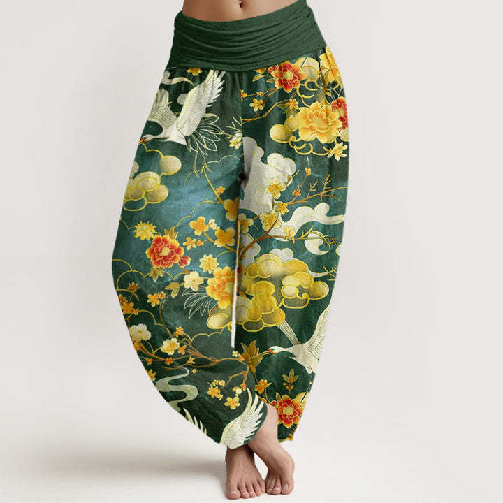 Buddha Stones Auspicious Clouds White Cranes Red Flowers Pattern Design Women's Elastic Waist Harem Pants - SeaGreen - US22，UK/AU26，EU54 (6XL) - image 7