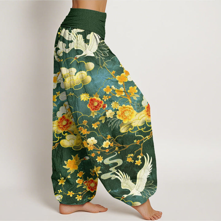 Buddha Stones Cotton Auspicious Clouds White Cranes Red Flowers Pattern Design Women's Elastic Waist Harem Pants - image 9