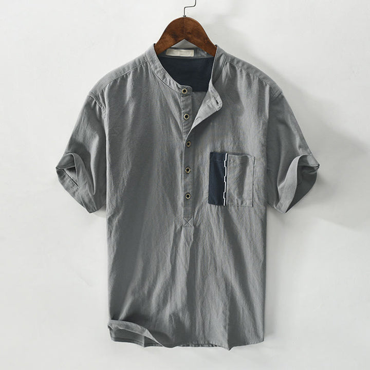Buddha Stones Color Contrast Half Button Men's Short Sleeve Cotton Linen Shirt With Pocket - Gray - US/UK/AU42，EU52 (3XL) - image 7