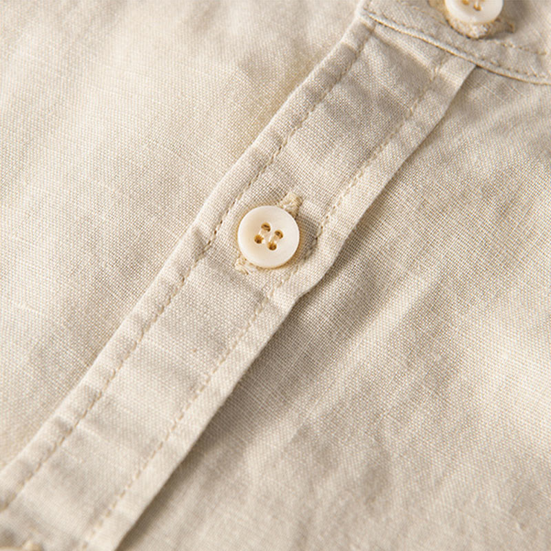 Buddha Stones Casual Daily Simple Buttons Design Stand Collar Men's Short Sleeve Cotton Linen Shirt With Front Pockets - image 12