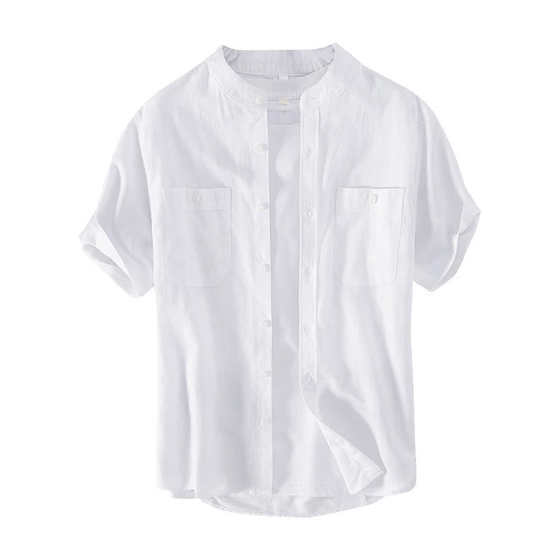 Buddha Stones Casual Daily Simple Buttons Design Stand Collar Men's Short Sleeve Cotton Linen Shirt With Front Pockets - image 7