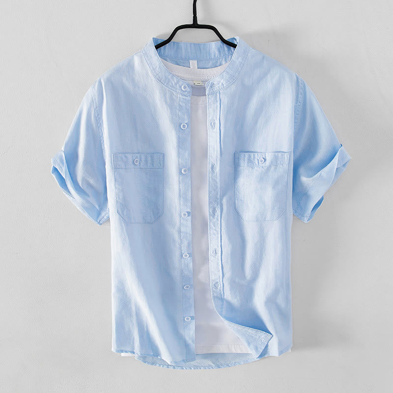 Buddha Stones Casual Daily Simple Buttons Design Stand Collar Men's Short Sleeve Cotton Linen Shirt With Front Pockets - LightSkyBlue - US/UK/AU42，EU52 (3XL) - image 0