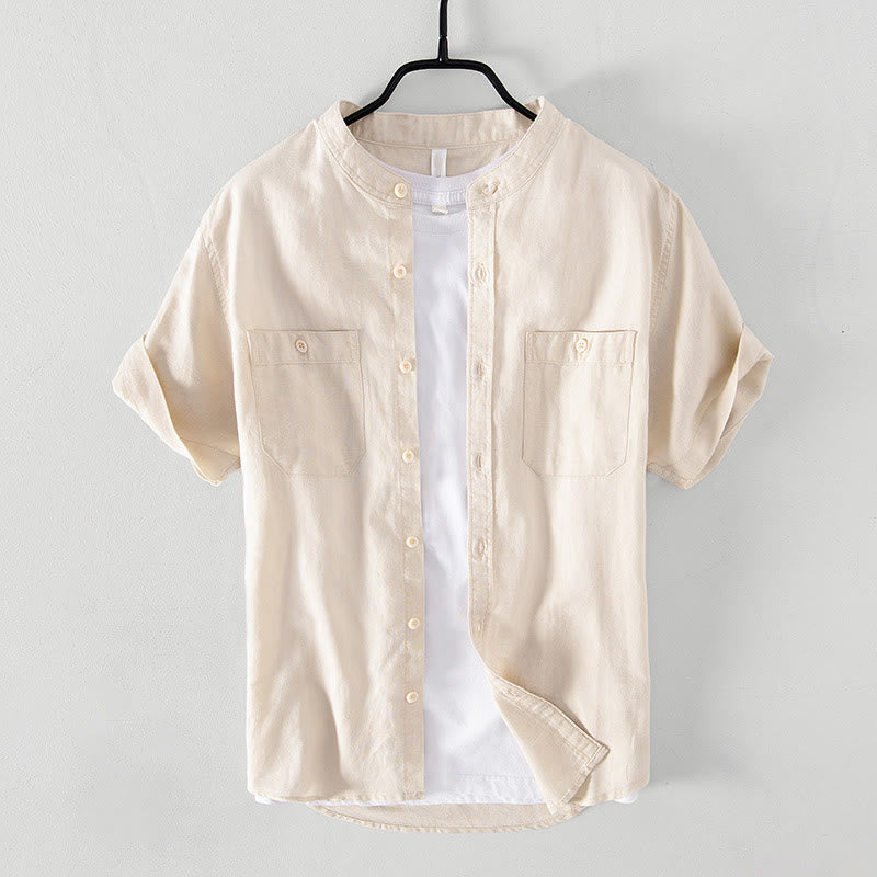 Buddha Stones Casual Daily Simple Buttons Design Stand Collar Men's Short Sleeve Cotton Linen Shirt With Front Pockets - Beige - US/UK/AU42，EU52 (3XL) - image 9