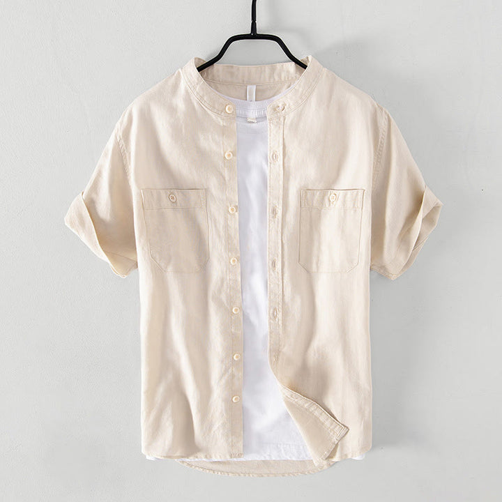 Buddha Stones Casual Daily Simple Buttons Design Stand Collar Men's Short Sleeve Cotton Linen Shirt With Front Pockets - Beige - US/UK/AU42，EU52 (3XL) - image 9